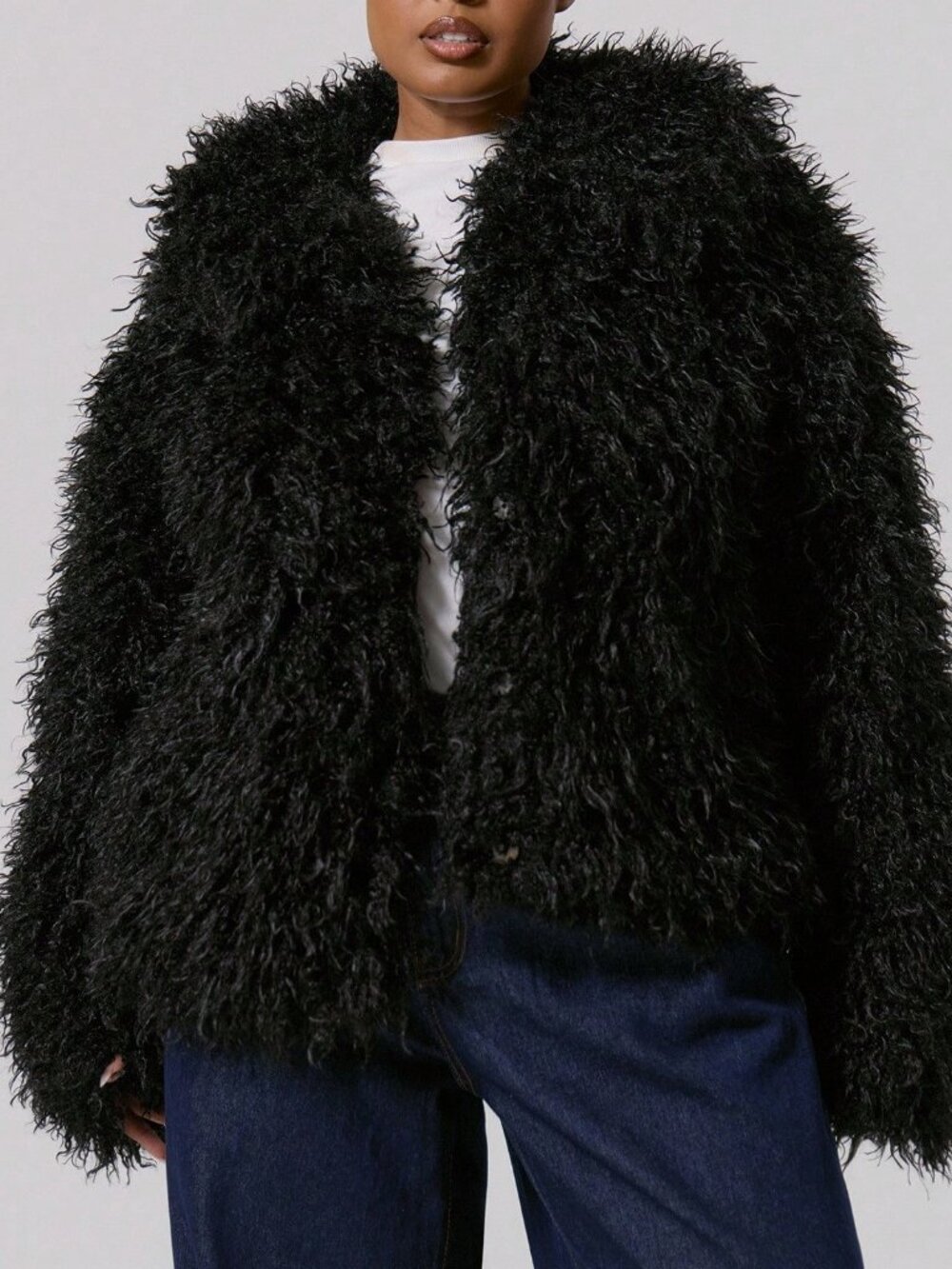 Black Casual Women's Shaggy Faux Fur Plus Size Collar Coat